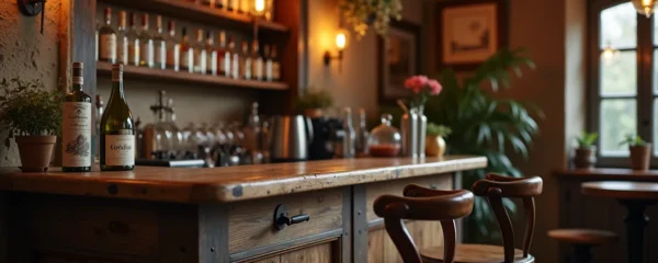 Vue d'ensemble d'un coin bistrot avec un comptoir de bar vintage en bois patiné et métal, éclairage chaleureux, tabourets assortis et décoration rétro