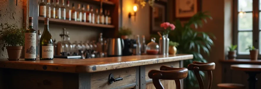 Vue d'ensemble d'un coin bistrot avec un comptoir de bar vintage en bois patiné et métal, éclairage chaleureux, tabourets assortis et décoration rétro