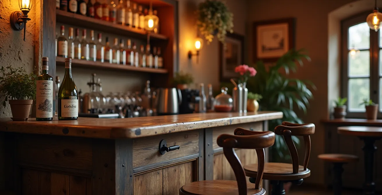 Vue d'ensemble d'un coin bistrot avec un comptoir de bar vintage en bois patiné et métal, éclairage chaleureux, tabourets assortis et décoration rétro