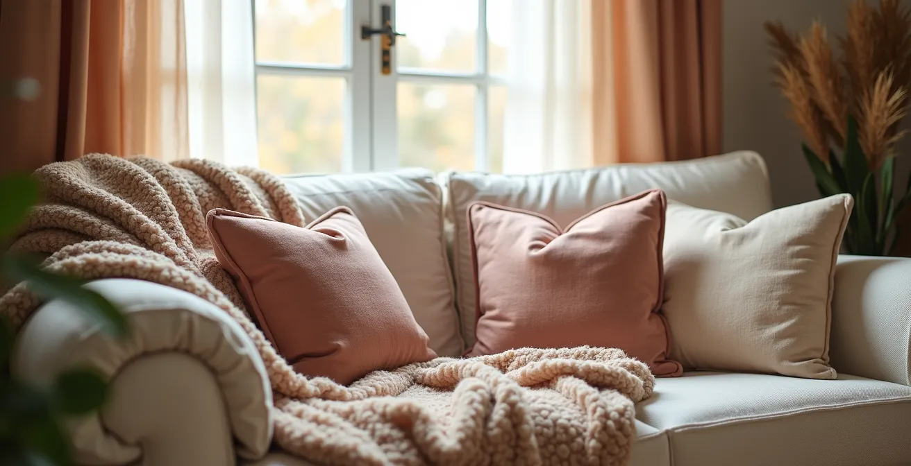 Accessoires cocooning : plaids, coussins, rideaux isolants dans un salon chaleureux