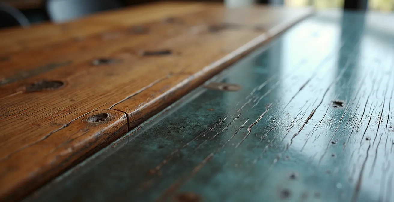 Gros plan sur les surfaces bois, verre et métal illustrant leurs textures et usures naturelles