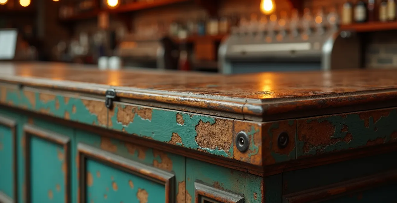 Gros plan sur la patine et les détails artisanaux d'un comptoir de bar vintage