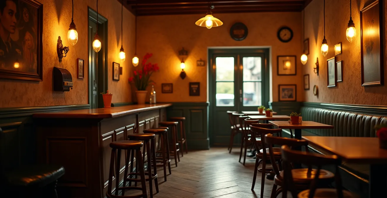 Espace bistrot avec comptoir vintage et éclairage chaleureux mettant en valeur l'ambiance conviviale