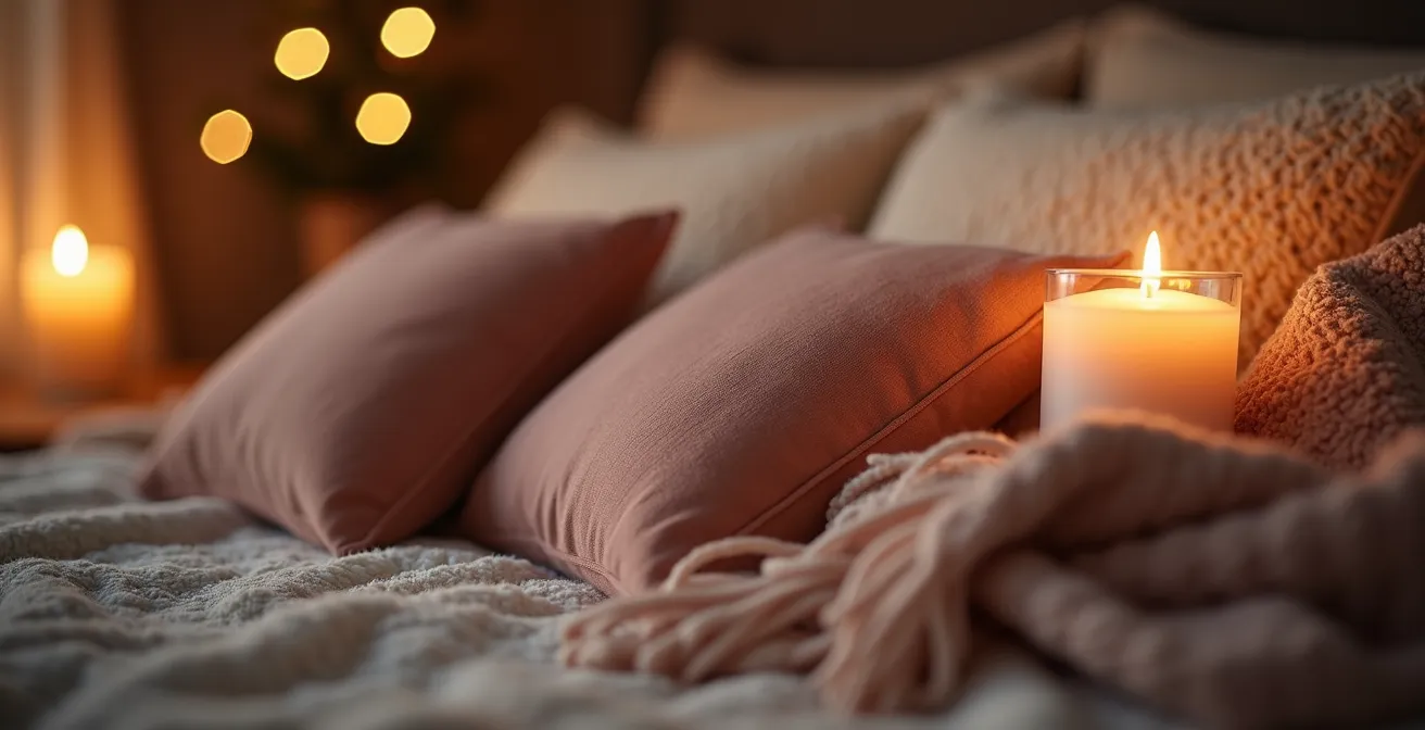 Gros plan sur textures de laine, velours et éclairage doux dans un salon cocooning