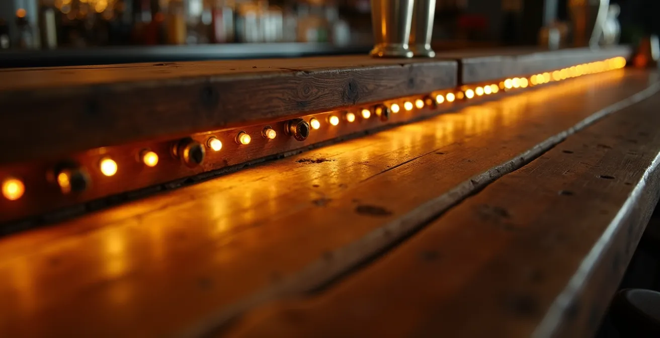 Détail d'un comptoir vintage avec éclairage LED intégré discrètement et prises encastrées