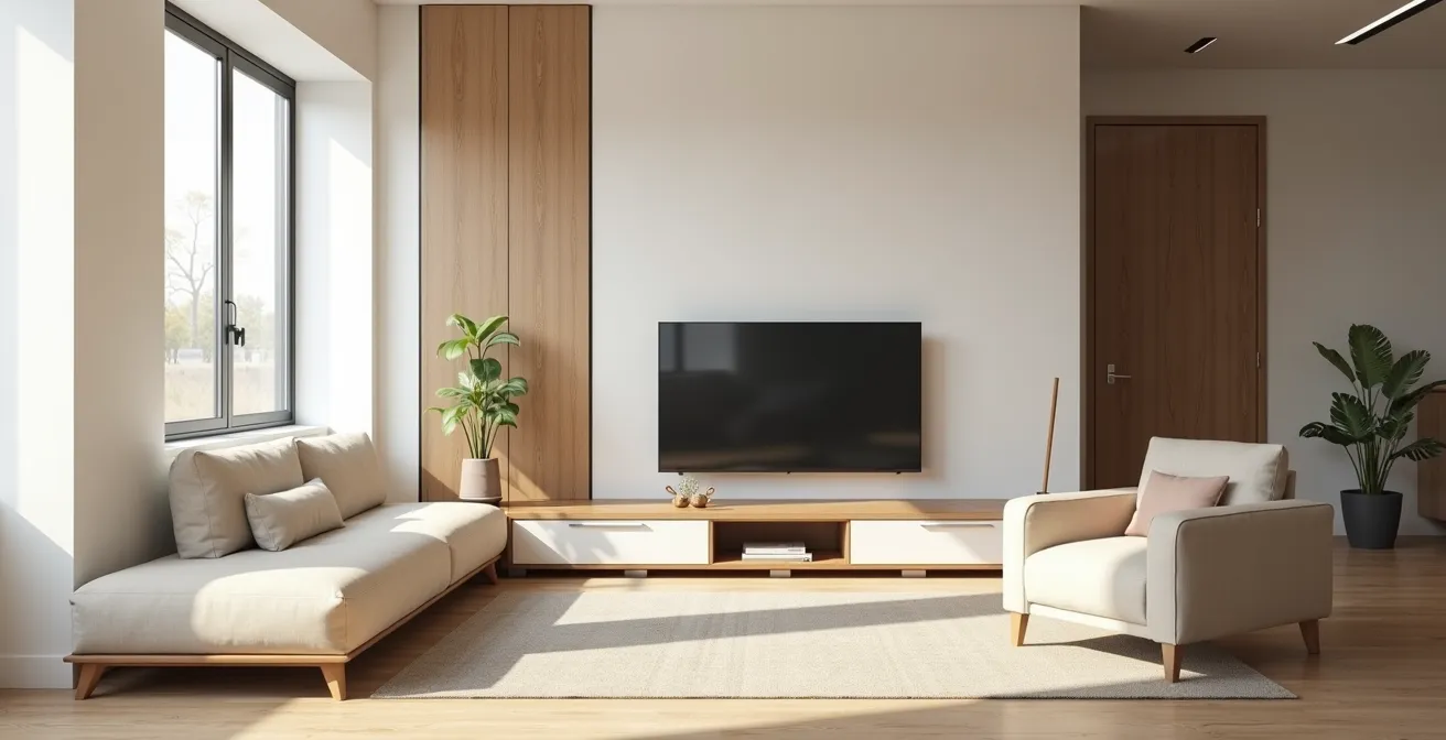 Salon minimaliste et épuré avec mobilier fonctionnel et rangements intégrés