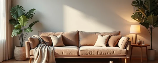 Salon chaleureux avec canapé en velours, plaids moelleux, éclairage tamisé, plantes vertes, ambiance hivernale cocooning