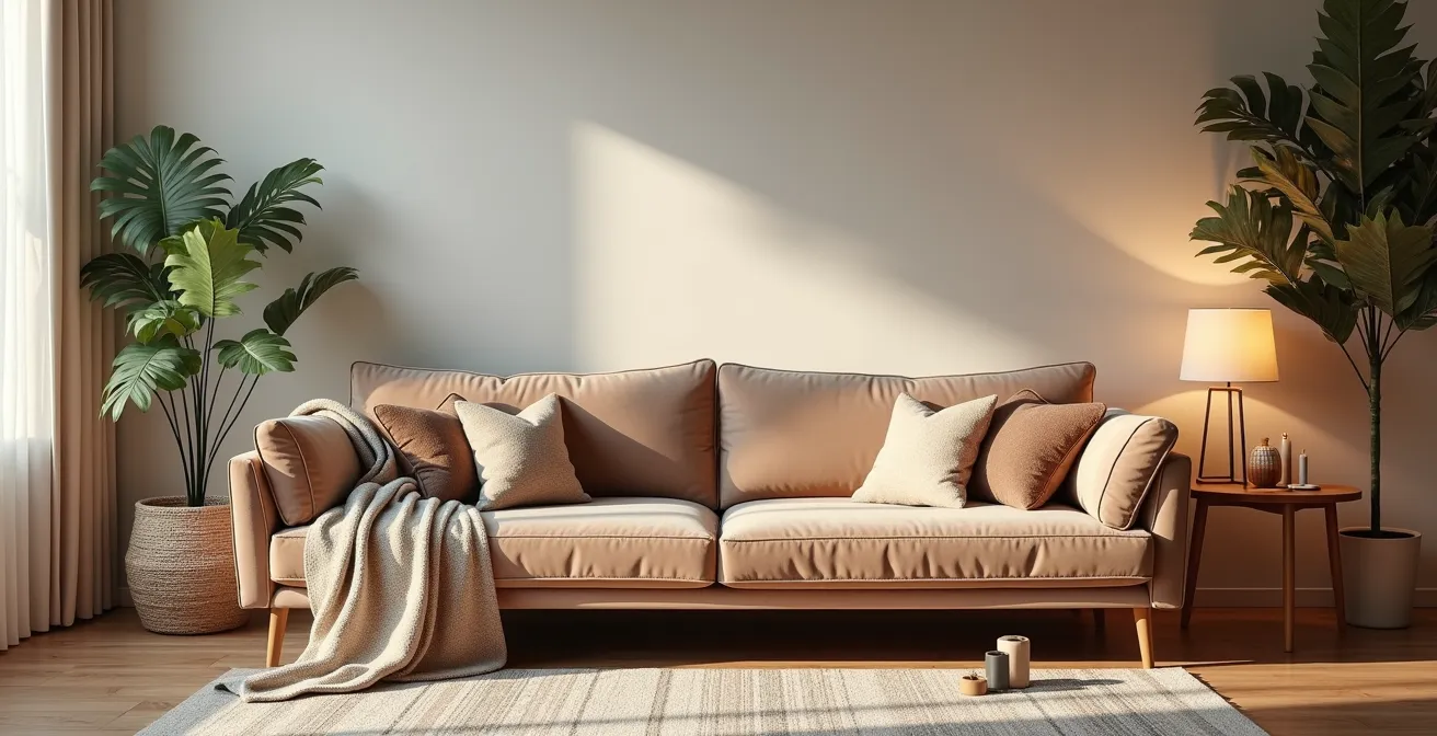 Salon chaleureux avec canapé en velours, plaids moelleux, éclairage tamisé, plantes vertes, ambiance hivernale cocooning