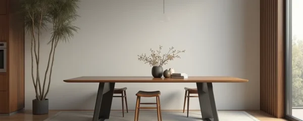 Table à manger élégante en bois massif et métal avec lumière naturelle et fond neutre