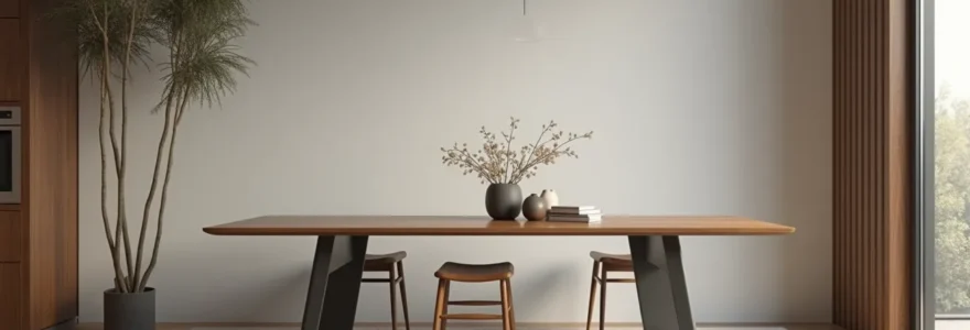 Table à manger élégante en bois massif et métal avec lumière naturelle et fond neutre