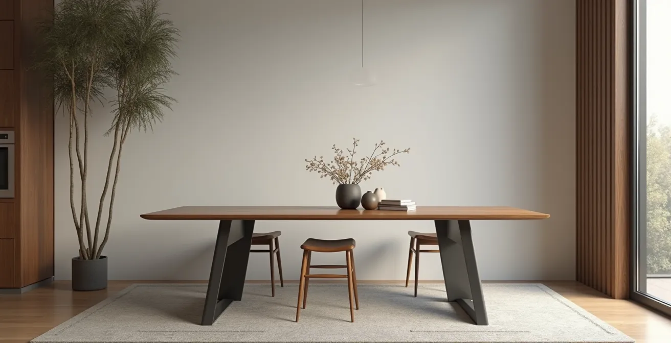 Table à manger élégante en bois massif et métal avec lumière naturelle et fond neutre
