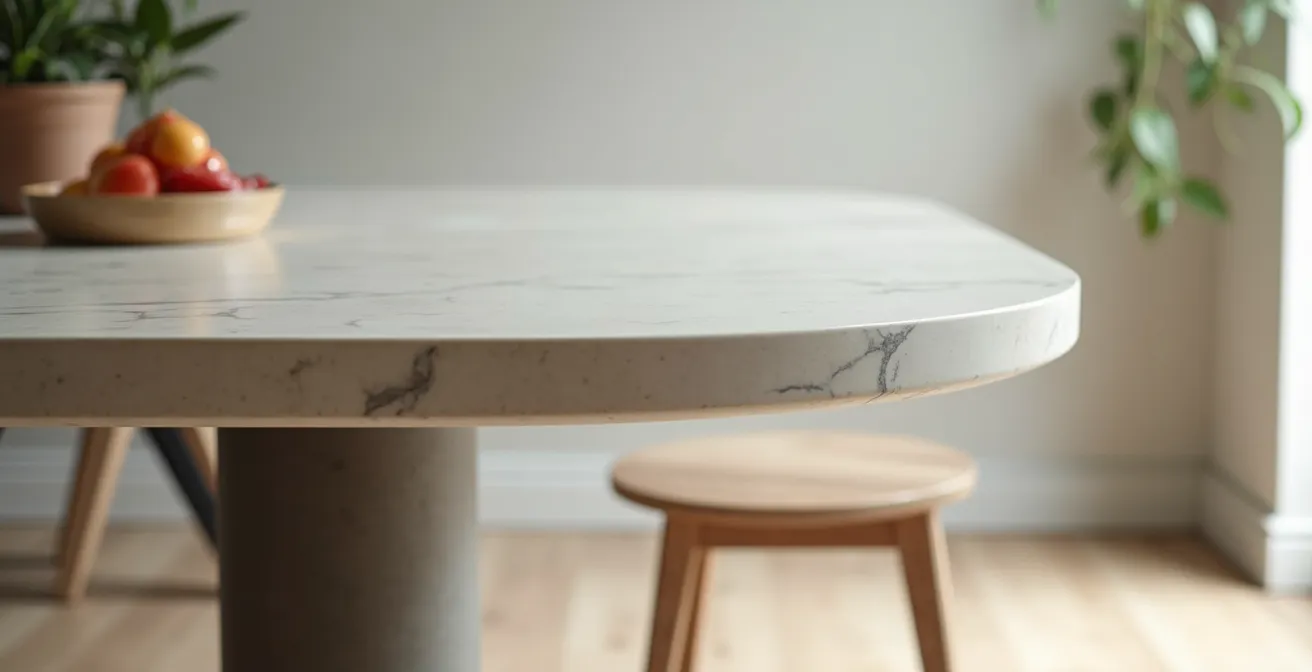 Table à manger avec plateau en céramique et pieds en métal et bois, lumière douce