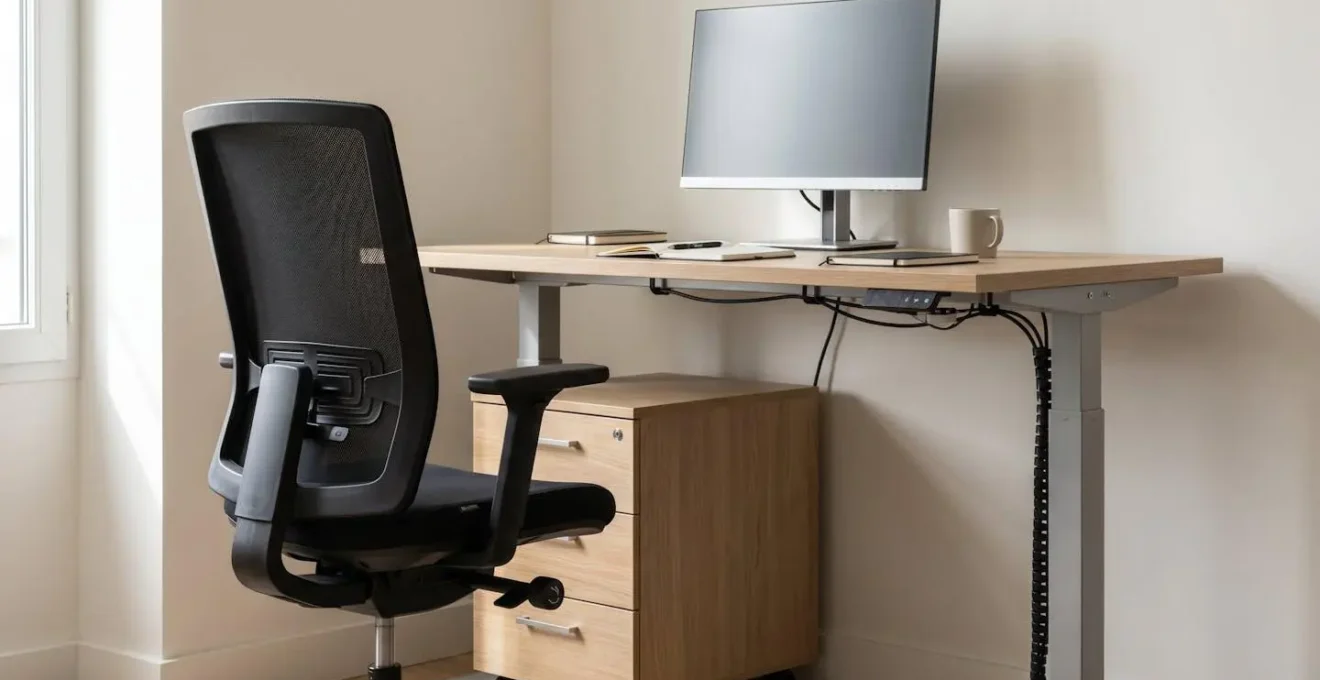 Poste de travail professionnel équipé d'un bureau réglable en hauteur avec plateau bois clair et d'un fauteuil ergonomique noir avec dossier mesh et réglages multiples