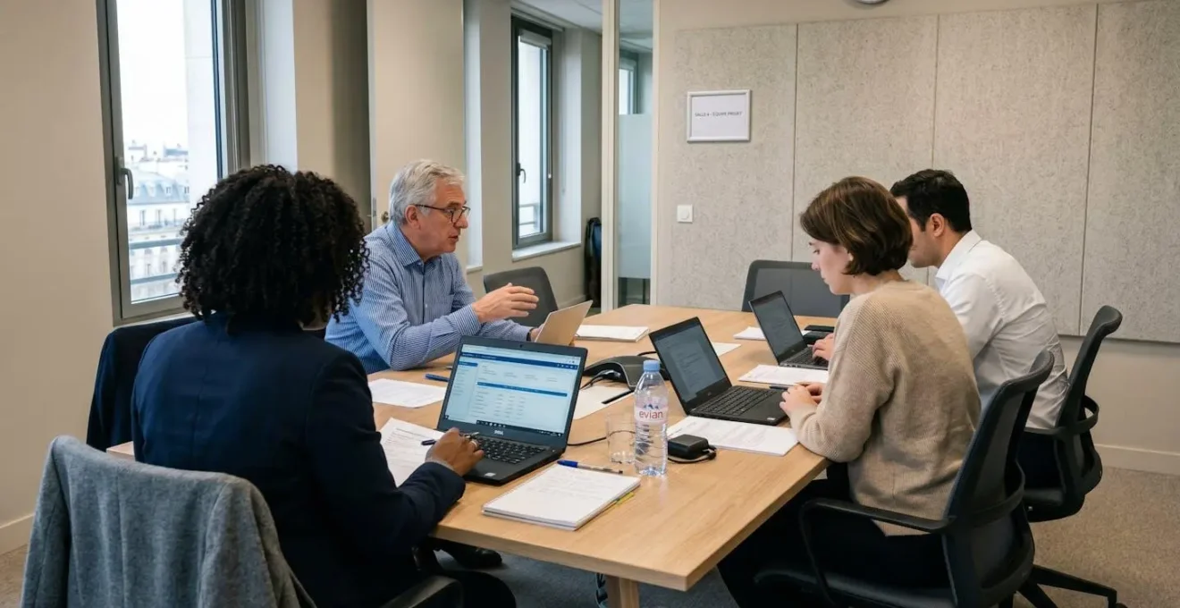 Réunion de travail dans une salle équipée de mobilier professionnel avec table de réunion, chaises ergonomiques et panneau acoustique mural