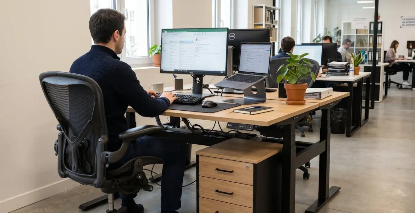 Poste de travail professionnel équipé d'un bureau réglable en hauteur avec plateau bois clair et d'un fauteuil ergonomique noir avec dossier mesh et réglages multiples