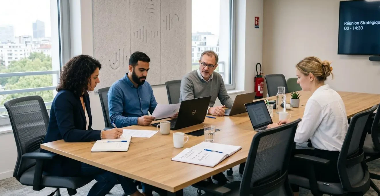 Réunion de travail dans une salle équipée de mobilier professionnel avec table de réunion, chaises ergonomiques et panneau acoustique mural