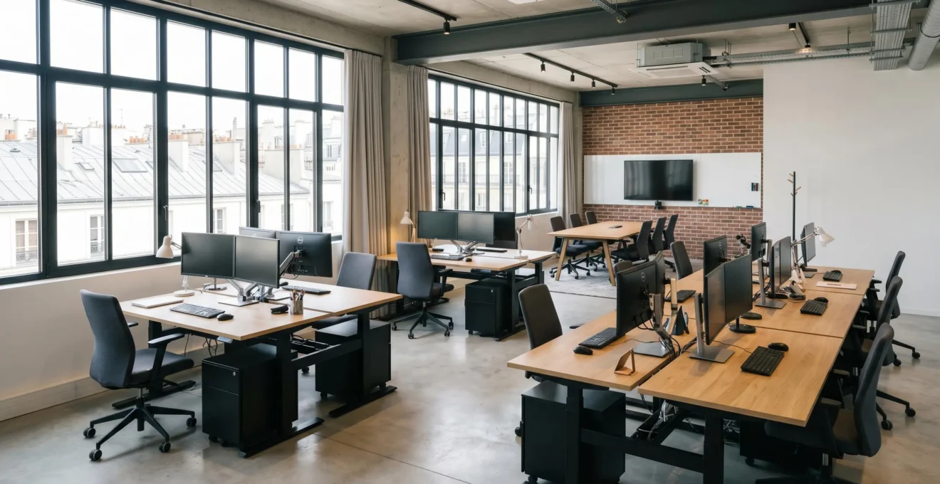 Vue d'ensemble d'un espace de bureaux professionnel moderne avec plusieurs postes de travail équipés de bureaux réglables, fauteuils ergonomiques et rangements mobiles, baigné de lumière naturelle