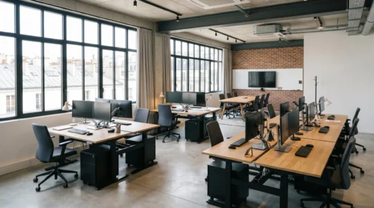 Vue d'ensemble d'un espace de bureaux professionnel moderne avec plusieurs postes de travail équipés de bureaux réglables, fauteuils ergonomiques et rangements mobiles, baigné de lumière naturelle